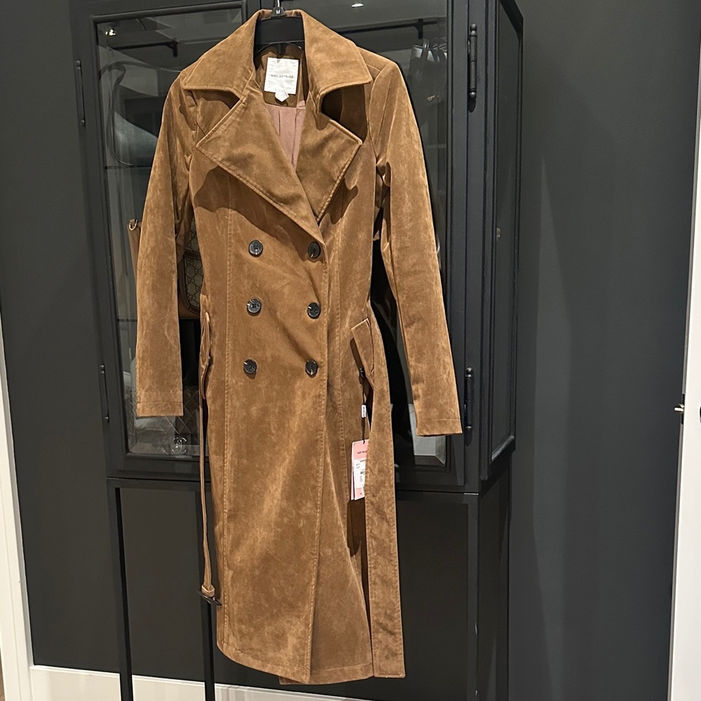 Avec Les Filles Tan Double-Breasted Faux  SuedeTrench Coat.